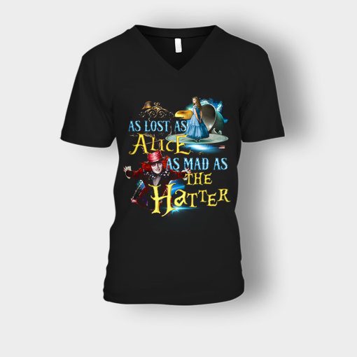 Alice-in-Wonderland-As-Lost-As-Alice-As-Mad-As-Hatter-Unisex-V-Neck-T-Shirt-Black