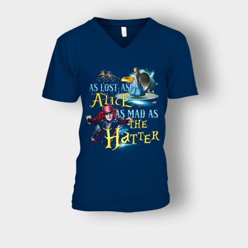 Alice-in-Wonderland-As-Lost-As-Alice-As-Mad-As-Hatter-Unisex-V-Neck-T-Shirt-Navy