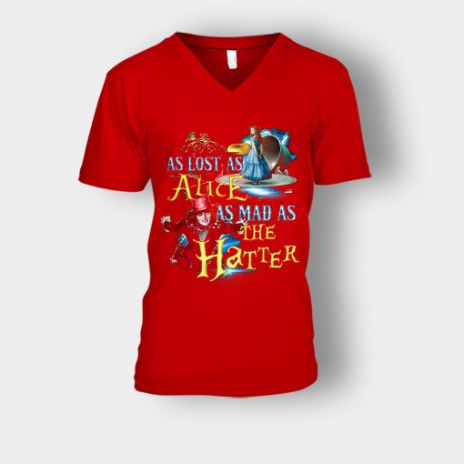 Alice-in-Wonderland-As-Lost-As-Alice-As-Mad-As-Hatter-Unisex-V-Neck-T-Shirt-Red