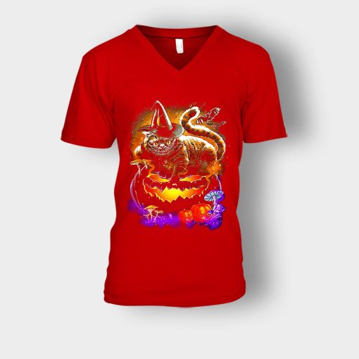 Alice-in-Wonderland-Cheshire-Halloween-Unisex-V-Neck-T-Shirt-Red