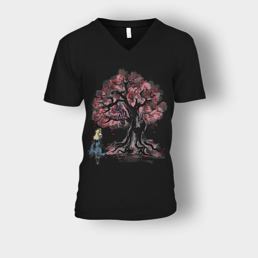 Alice-in-Wonderland-Cheshire-Sumi-Tree-Unisex-V-Neck-T-Shirt-Black