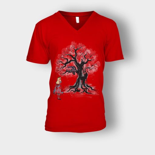 Alice-in-Wonderland-Cheshire-Sumi-Tree-Unisex-V-Neck-T-Shirt-Red