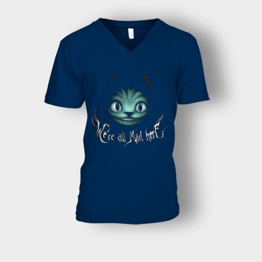 Alice-in-Wonderland-Cheshire-Were-All-Mad-Unisex-V-Neck-T-Shirt-Navy