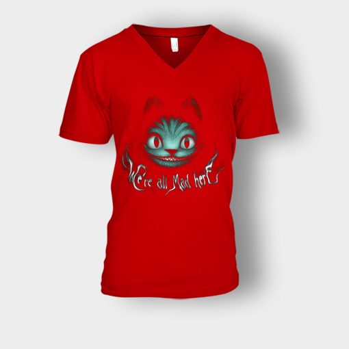 Alice-in-Wonderland-Cheshire-Were-All-Mad-Unisex-V-Neck-T-Shirt-Red