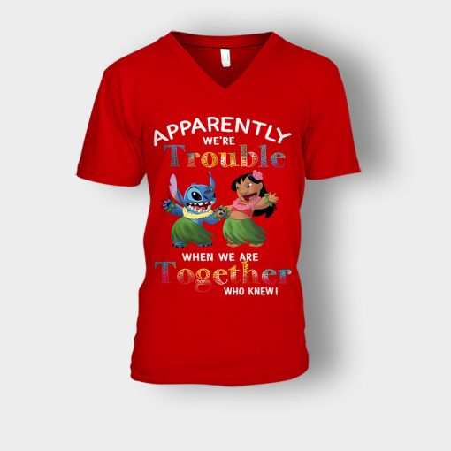 Apparently-Were-Trouble-When-Were-Together-Disney-Lilo-And-Stitch-Unisex-V-Neck-T-Shirt-Red