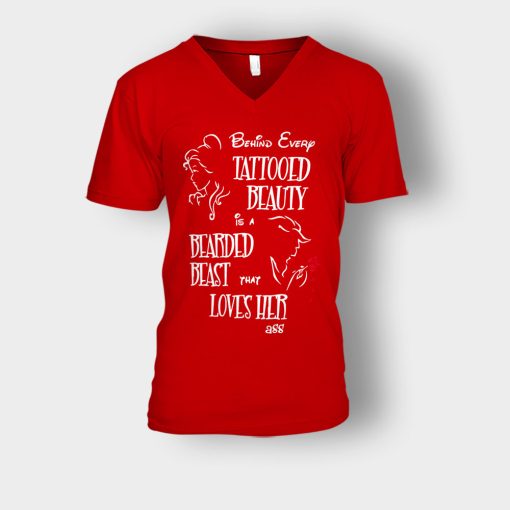 Behind-Every-Beauty-Disney-Beauty-And-The-Beast-Unisex-V-Neck-T-Shirt-Red