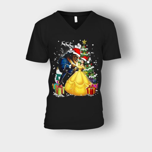 Beside-The-Christmas-Tree-Disney-Beauty-And-The-Beast-Unisex-V-Neck-T-Shirt-Black