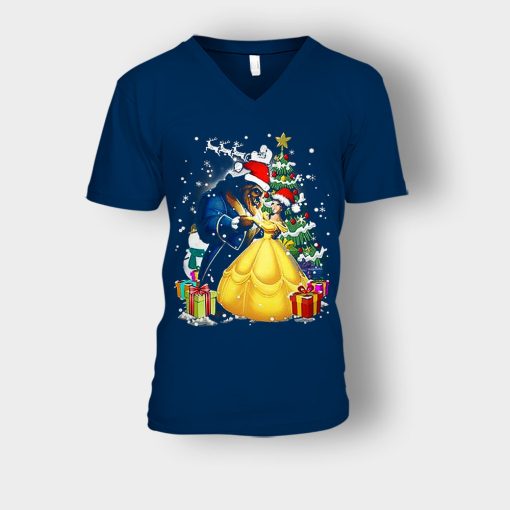 Beside-The-Christmas-Tree-Disney-Beauty-And-The-Beast-Unisex-V-Neck-T-Shirt-Navy