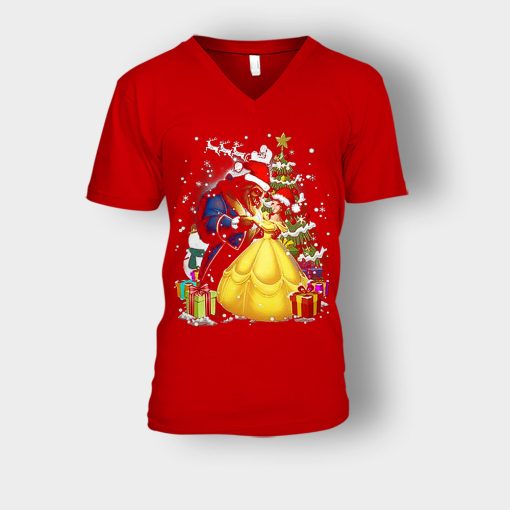 Beside-The-Christmas-Tree-Disney-Beauty-And-The-Beast-Unisex-V-Neck-T-Shirt-Red