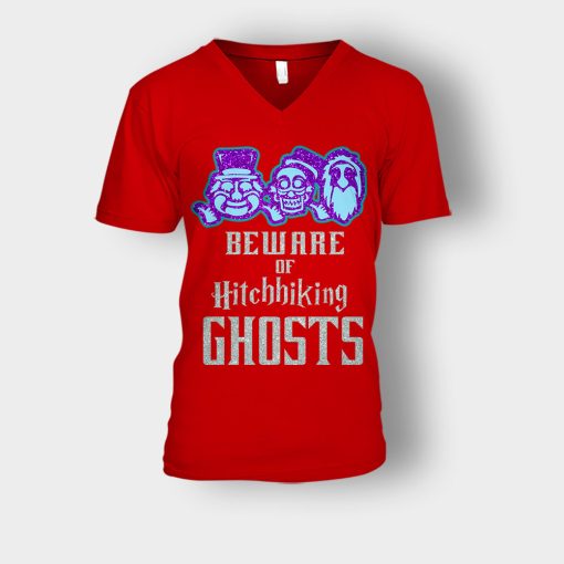 Beware-of-Hitchhiking-Ghosts-Gracey-Manor-Disney-Inspired-Unisex-V-Neck-T-Shirt-Red