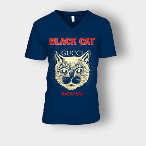 Blind-For-Love-Black-Cat-Unisex-V-Neck-T-Shirt-Navy