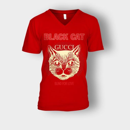 Blind-For-Love-Black-Cat-Unisex-V-Neck-T-Shirt-Red