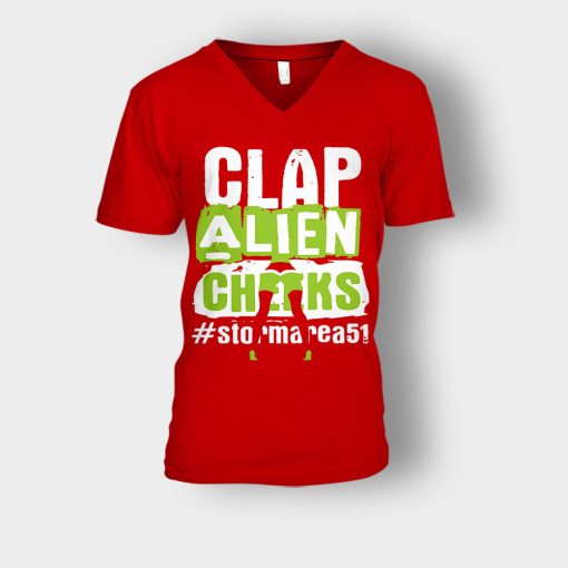 Clap-Alien-Cheeks-Storm-Area-51-Unisex-V-Neck-T-Shirt-Red