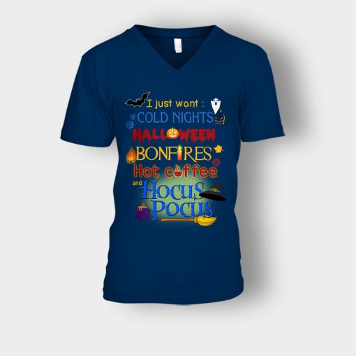 Cold-Nights-Bonfire-Disney-Hocus-Pocus-Unisex-V-Neck-T-Shirt-Navy