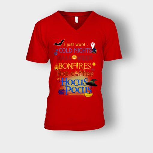 Cold-Nights-Bonfire-Disney-Hocus-Pocus-Unisex-V-Neck-T-Shirt-Red