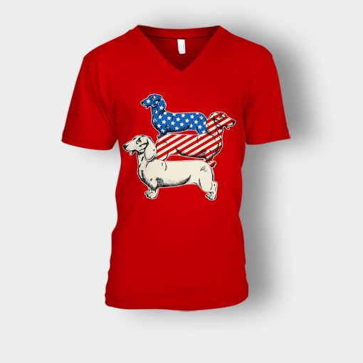 Dachshund-USA-Flag-4th-Of-July-Independence-Day-Patriot-Unisex-V-Neck-T-Shirt-Red
