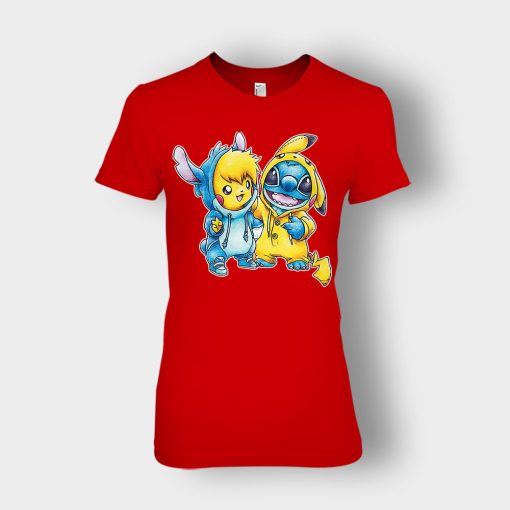 Friends-Pikachu-And-Disney-Lilo-And-Stitch-Ladies-T-Shirt-Red