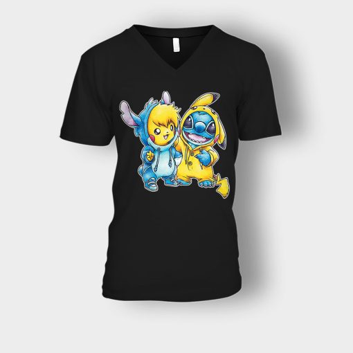 Friends-Pikachu-And-Disney-Lilo-And-Stitch-Unisex-V-Neck-T-Shirt-Black