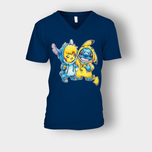 Friends-Pikachu-And-Disney-Lilo-And-Stitch-Unisex-V-Neck-T-Shirt-Navy