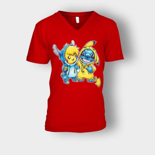 Friends-Pikachu-And-Disney-Lilo-And-Stitch-Unisex-V-Neck-T-Shirt-Red