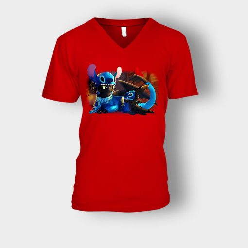 Friends-Toothless-And-Disney-Lilo-And-Stitch-Unisex-V-Neck-T-Shirt-Red