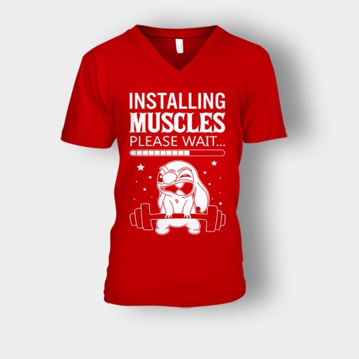 Installing-Muscles-Please-Wait-Disney-Lilo-And-Stitch-Unisex-V-Neck-T-Shirt-Red