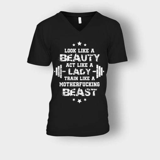 Look-Like-A-Beauty-Train-Like-A-Beast-Disney-Beauty-And-The-Beast-Unisex-V-Neck-T-Shirt-Black