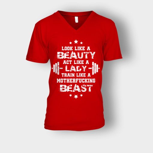 Look-Like-A-Beauty-Train-Like-A-Beast-Disney-Beauty-And-The-Beast-Unisex-V-Neck-T-Shirt-Red
