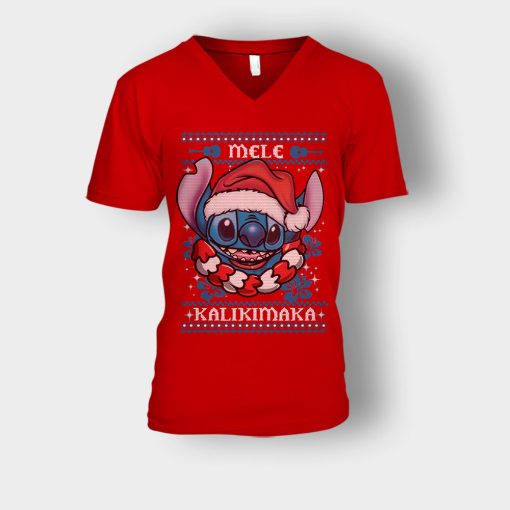 Mele-Kalimilaka-Disney-Lilo-And-Stitch-Unisex-V-Neck-T-Shirt-Red