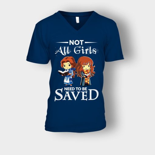 Not-All-Girls-Need-To-Be-Saved-Hermione-And-Belles-Disney-Beauty-And-The-Beast-Unisex-V-Neck-T-Shirt-Navy