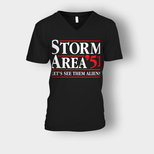 Storm-area-51-lets-see-them-aliens-Unisex-V-Neck-T-Shirt-Black