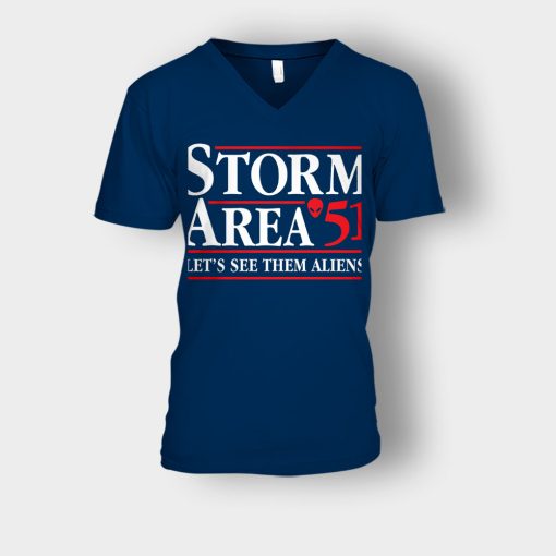 Storm-area-51-lets-see-them-aliens-Unisex-V-Neck-T-Shirt-Navy