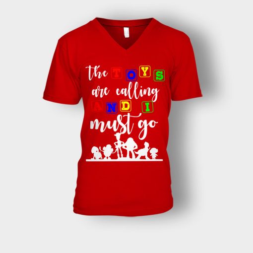 The-Toys-are-Calling-and-I-Must-Go-Disney-Toy-Story-Unisex-V-Neck-T-Shirt-Red