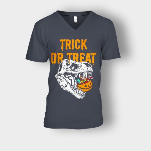 Trick-Or-Treat-Dionosaur-Halloween-Unisex-V-Neck-T-Shirt-Dark-Heather