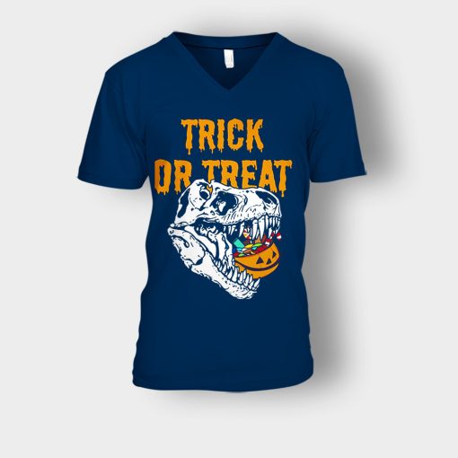 Trick-Or-Treat-Dionosaur-Halloween-Unisex-V-Neck-T-Shirt-Navy