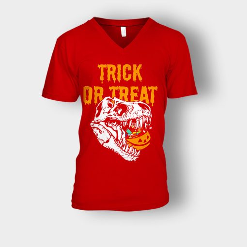 Trick-Or-Treat-Dionosaur-Halloween-Unisex-V-Neck-T-Shirt-Red