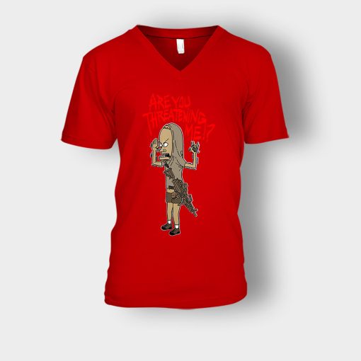 ARE-YOU-THREATENING-ME-FUNNY-Beavis-and-Butt-Head-Unisex-V-Neck-T-Shirt-Red