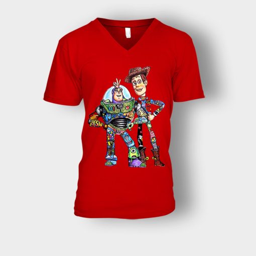 Buzz-Lightyear-And-Woody-Disney-Toy-Story-Unisex-V-Neck-T-Shirt-Red