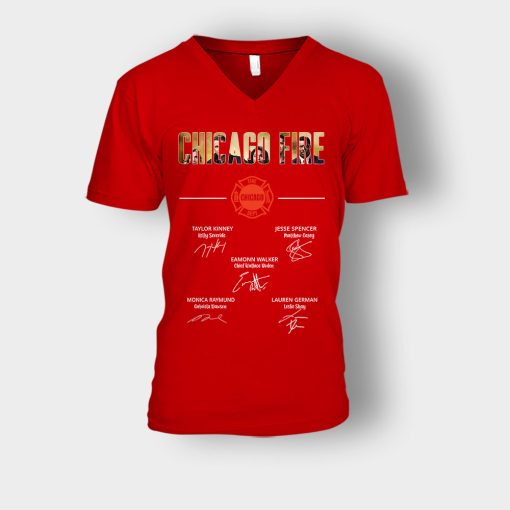 Chicago-Fire-Signatures-Unisex-V-Neck-T-Shirt-Red