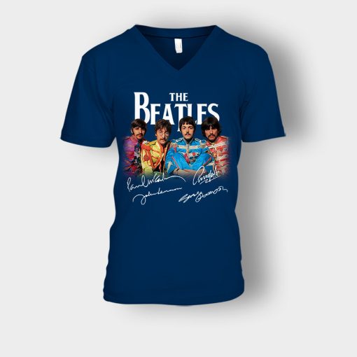 OFFICIAL-The-Beatles-Signatures-Anniversary-Unisex-V-Neck-T-Shirt-Navy