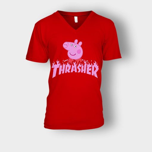 Peppa-Pig-thrasher-Unisex-V-Neck-T-Shirt-Red