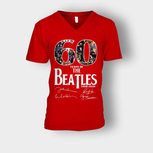 The-Beatles-60th-Anniversary-1960-2020-Signature-Unisex-V-Neck-T-Shirt-Red