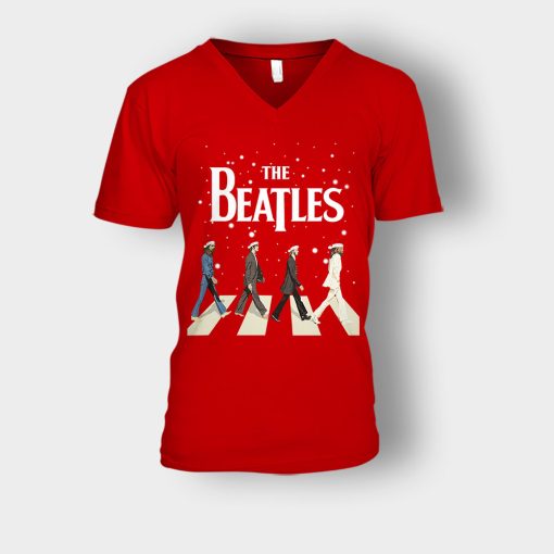 The-Beatles-Walking-Across-Abbey-Road-Christmas-Unisex-V-Neck-T-Shirt-Red