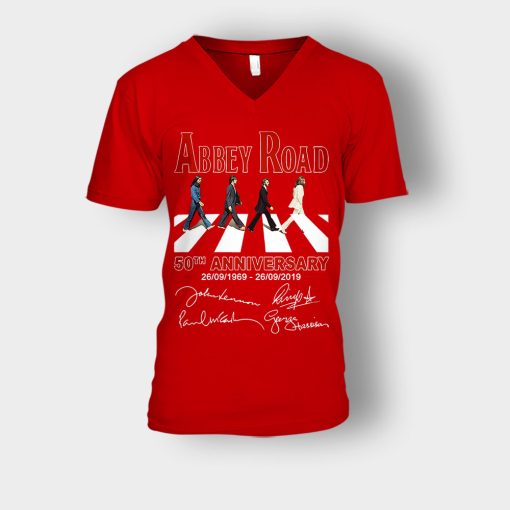 The-Beatles-album-Abbey-Road-50th-Anniversary-1969-2019-Unisex-V-Neck-T-Shirt-Red